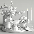 Fresh Pears And Nuts On Wooden Tray With Eucalyptus Leaves And Candles