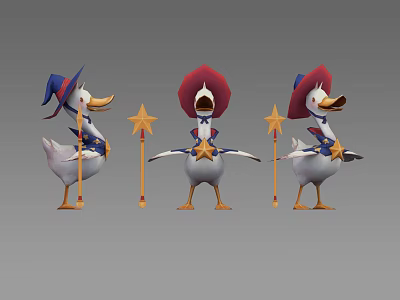 Game Anime Duck Characters Wearing Hats Holding Star Shaped Wands 3d model