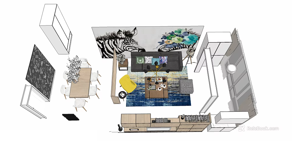 Modern Living And Dining Space With Zebra Mural Sofa Coffee Table Rug And Plants 3d model 