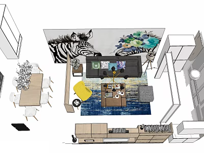 Modern Living And Dining Space With Zebra Mural Sofa Coffee Table Rug And Plants 3d model