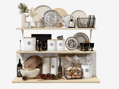 Stylish Kitchen Utensils Open Display with Plates Mugs Wine Bottles on Wooden Shelves 3d model