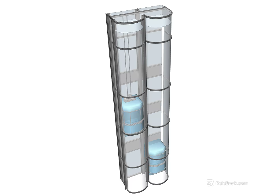Double Transparent Glass Elevator with Modern Blue Lift Car and Structure 3d model 