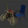 Outdoor Relaxation Setup With Bicycle Blue Chair Tree Stump Table Potted Plant And Garden Tool
