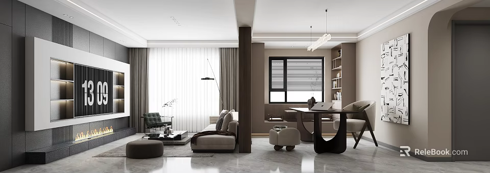 Modern Living and Dining Area Interior With Sofa Dining Table And Large Window Curtains 3d model