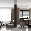 Modern Living and Dining Area Interior With Sofa Dining Table And Large Window Curtains 3d model