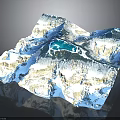 Detailed 3D Mountainous Terrain Model With Snowy Peaks Glaciers and Blue Lakes