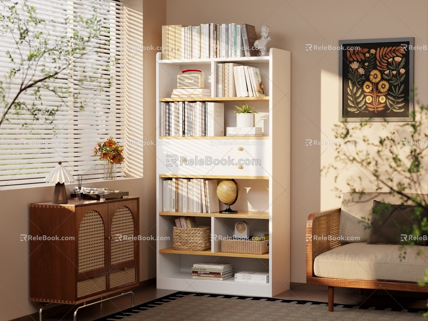 Nordic Style Study Bookcase Scene Nordic Style Warm Tone Bookcase Bookshelf Book Combination Book Decoration Sunlight Close-up Phonograph Plastic Machine 3d model