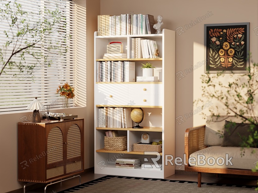 Nordic Style Study Bookcase Scene Nordic Style Warm Tone Bookcase Bookshelf Book Combination Book Decoration Sunlight Close-up Phonograph Plastic Machine model