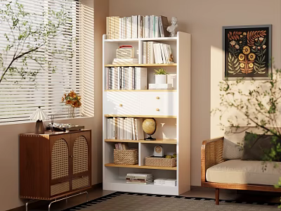 Cozy Study Room Interior With White Bookshelf Wooden Cabinet Decorative Painting And Green Plants 3d model