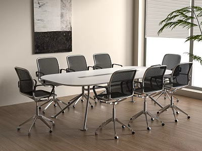 Modern Conference Room With Round Table Metal Frame Chairs And Wooden Floor 3d model