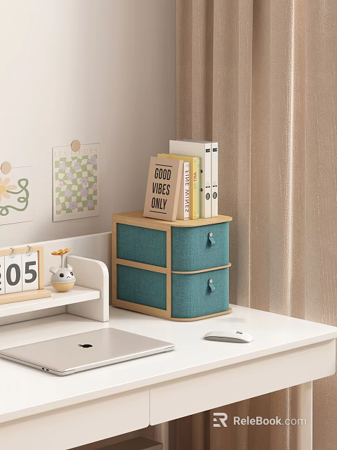 Wooden Frame Storage Cabinet with Blue Fabric Drawers for Home Office Desk Organization and Books 3d model 