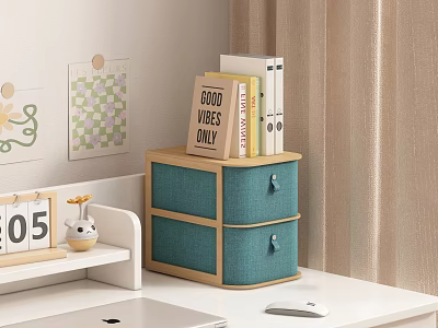 Wooden Frame Storage Cabinet with Blue Fabric Drawers for Home Office Desk Organization and Books 3d model