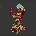 Futuristic Fantasy Character With Red Yellow Armor Intricate Ornaments White Headdress In Kneeling Pose