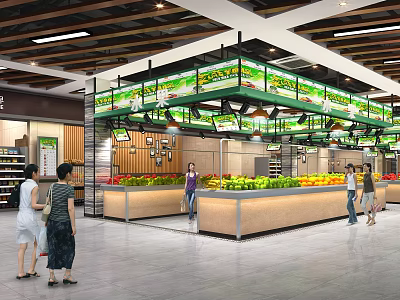 Supermarket Grocery Store Interior With Fresh Fruits Vegetables And Customers Shopping 3d model