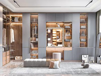Elegant Modern Walk in Closet Interior Design With Custom Cabinets Large Mirror And Warm Lighting 3d model