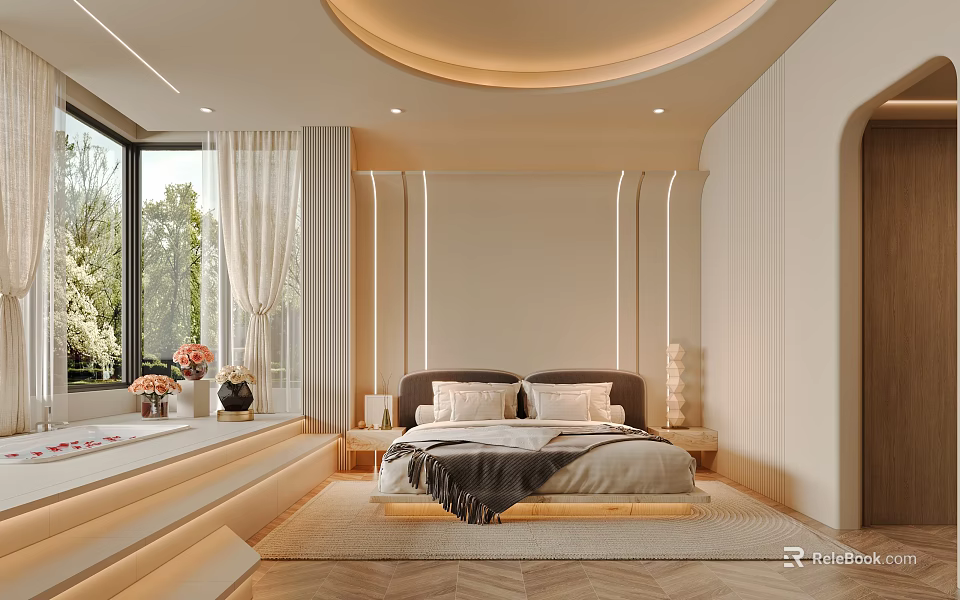 Modern Luxury Hotel Room With King Bed Round Ceiling Light And Floor to Ceiling Window 3d model 