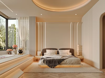 Modern Luxury Hotel Room With King Bed Round Ceiling Light And Floor to Ceiling Window 3d model