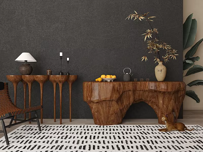 Elegant Natural Wooden Console Table With Bamboo Plant Vase And Decorative Lamp 3d model
