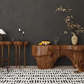 Elegant Natural Wooden Console Table With Bamboo Plant Vase And Decorative Lamp