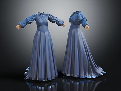 Elegant Blue Long Dress With Puffed Sleeves High Neck And Flowing Skirt 3d model