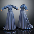 Elegant Blue Long Dress With Puffed Sleeves High Neck And Flowing Skirt