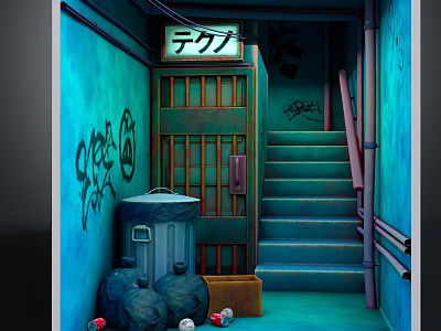Narrow Urban Corridor With Teal Walls Graffiti Trash Can Garbage Bags Staircase And Techno Sign 3d model