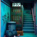Narrow Urban Corridor With Teal Walls Graffiti Trash Can Garbage Bags Staircase And Techno Sign