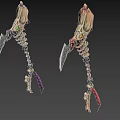 Fantasy Skeleton Weapon With Glowing Green Yellow Eyes And Purple Red Accents
