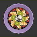 Chocolate Cake Topped With Strawberries Kiwi Orange Slices Whipped Cream Chocolate Drizzle On Purple Plate