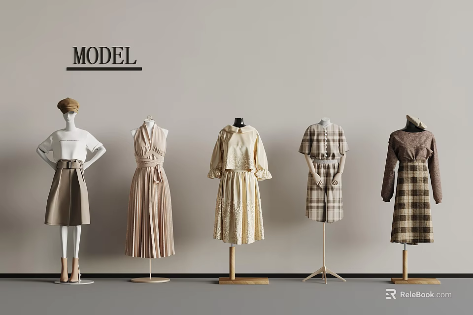 Model Mannequins Displaying Neutral Tones Dresses And Plaid Coats Against Grey Wall 3d model 