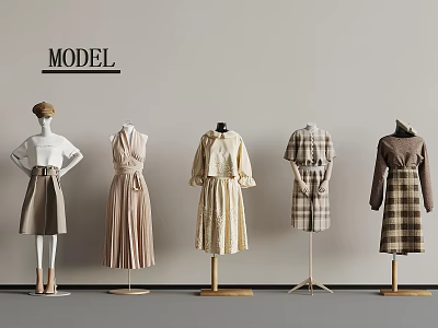 Model Mannequins Displaying Neutral Tones Dresses And Plaid Coats Against Grey Wall 3d model