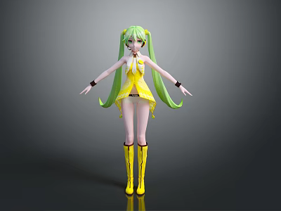 Game Anime Character with Green Twin Tailed Long Hair Yellow Dress and Yellow Boots 3d model