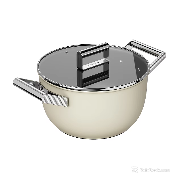 Kitchen Cookware Stainless Steel Cooking Pot With Transparent Lid Two Handles And Light Colored Body 3d model 