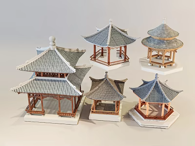 Chinese Traditional Pavilion Models With Diverse Roof Styles And Wooden Frames 3d model