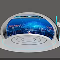 Modern Exhibition Island Featuring White Curved Design Blue Screen City Night View And Circular Base