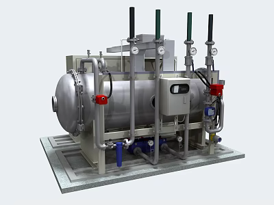 Industrial Equipment Large Metal Vessel With Pipes Valves Gauges Vertical Columns And Platform 3d model