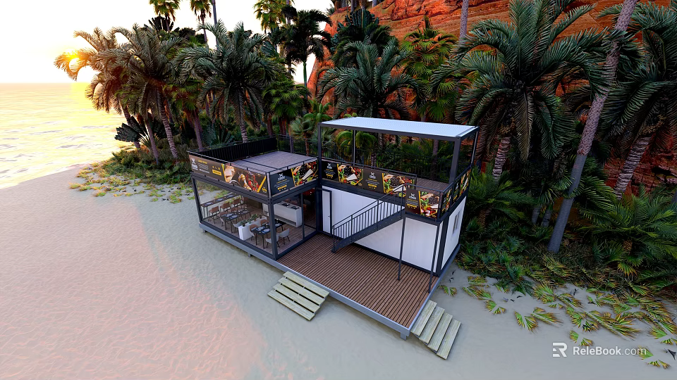 Two Story Container Building With Flat Roof Balconies Staircase And Palm Trees Near Beach 3d model 