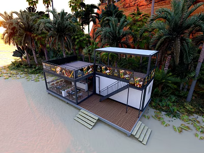 Two Story Container Building With Flat Roof Balconies Staircase And Palm Trees Near Beach 3d model
