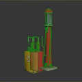 Vintage Industrial Equipment With Red Column Yellow Box Valves And Pipes