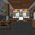 Modern Restaurant Interior With Tables Chairs Decorative Wall Art Potted Plant And Cashier Counter