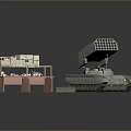 Detailed Tank Model Display Scene With Red Table And Boxes Items On Top 3d model