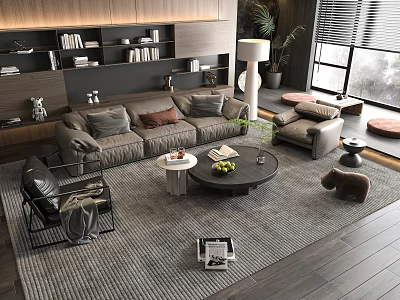 Elegant Modern Sofa and Coffee Table Set with Cushions Textured Rug and Wooden Bookshelf 3d model