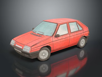 Red Small Car Model With Windows And Wheels On Dark Reflective Surface 3d model