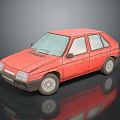 Red Small Car Model With Windows And Wheels On Dark Reflective Surface 3d model