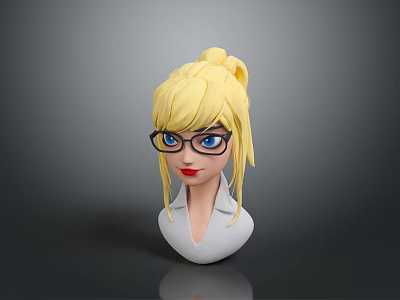 3D Female Character With Blonde Ponytail Black Glasses And Blue Eyes In White Collar 3d model