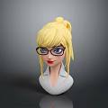 3D Female Character With Blonde Ponytail Black Glasses And Blue Eyes In White Collar