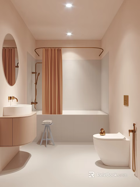 Modern Bathroom Interior With Round Mirror White Sink Brown Shower Curtain And Brass Fixtures 3d model 