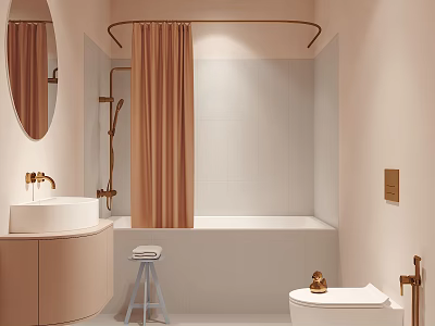 Modern Bathroom Interior With Round Mirror White Sink Brown Shower Curtain And Brass Fixtures 3d model