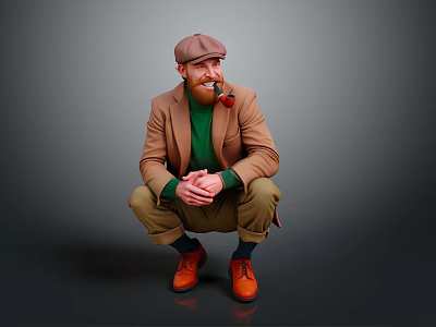 Man with Red Beard in Brown Coat and Green Sweater Squatting with Pipe on Gray Background 3d model
