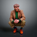 Man with Red Beard in Brown Coat and Green Sweater Squatting with Pipe on Gray Background